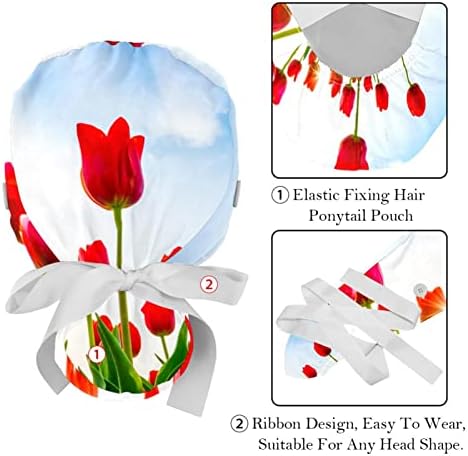 Orvosi Sapkák a Nők Gombok Hosszú Haj, 2 Darab Állítható Dolgozó Kap, Élénk, Szépség, Romantikus Vörös Tulipán Virág