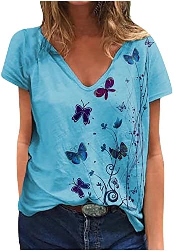 Női Rövid Ujjú Tshirt 2023 Pamut Mély V-Nyak Pillangó Virág Grafikus Laza Fit Felső Tshirt a Lányok 11