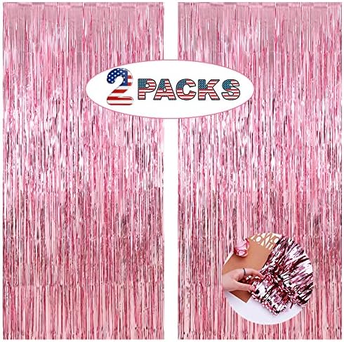 Rózsaszín béren kívüli Hátteret Függöny Party Dekoráció -6.5x8.2láb, Csomag 2 | LILF Rózsaszín Szalagok Talmi Fólia Függöny