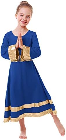 Kis/Nagy Lányok Fémes Arany Harang Hosszú Ujjú Dicséret Tánc Ruha + Flitterekkel Derék Liturgikus Istentisztelet Dancewear