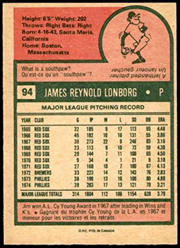 1975 O-Pee-Chee 94 Jim Lonborg Philadelphia Phillies (Baseball Kártya) NM Phillies