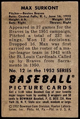 1952 Bowman 12 Max Surkont Boston Braves (Baseball Kártya) VG/EX+ Bátrabbak