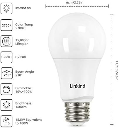Linkind 19 LED Szabályozható Izzók, 60W Egyenértékű & 100W Egyenértékű Izzók, 2700K Puha, Fehér, E26 Bázis