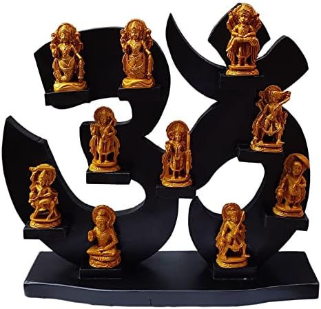 Dashavataram -Tíz Inkarnációja/Avatarok az Úr Visnu -Úr Visnu Minden Avtar Szobrok Fából készült Om Keret, 12 Inch