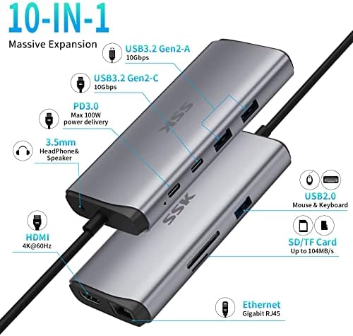 Csomag SSK 10 az 1-ben USB-C Hub 10Gbps USB-C, Adat Port,4K/60Hz HDMI, 1000Mbps Ethernet Port, stb, valamint SSK 2TB Hordozható