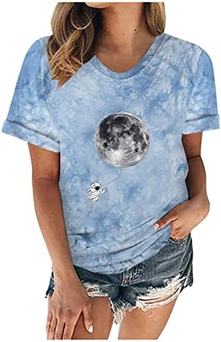 A nők Nyáron a Nap, a Hold Tie-dye T-Shirt-Sleeve Rövid Ujjú Felső Alkalmi Vicces Űrhajós Aranyos Tini Lány Póló